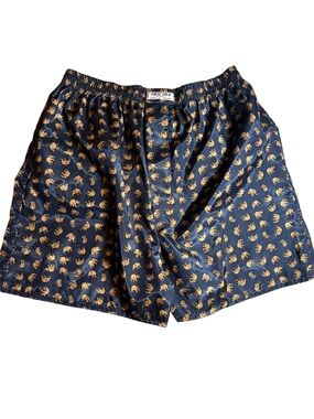 Thai Silk Navy Boxers with Gold Elephant Print. XL. New. Made in Thailand